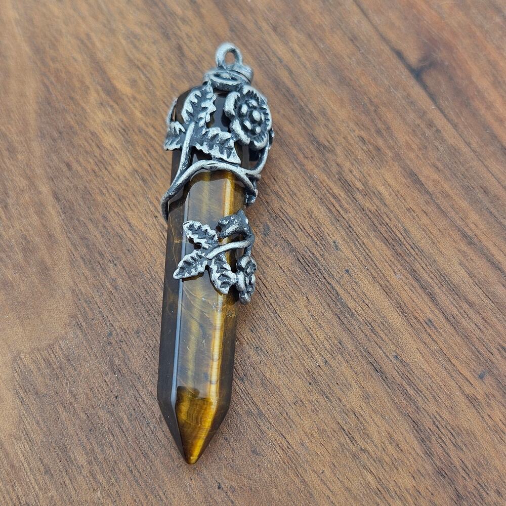 Silver Tone Wrapped Tiger Eye Brown Obelisk Pendant Fairy Renaissance Cosplay